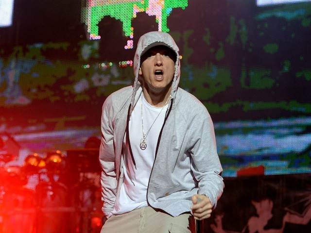 US rapper Eminem performs on August 22, 2013 during a concert at the Stade de France in Sa