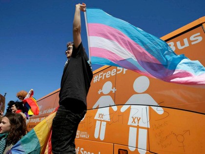 Leon Weiler, of Cambridge, Mass., top, holds a flag while standing with other protesters in support of transgender rights beside the "Free Speech Bus," painted with the words "boys are boys" and "girls are girls," in the Harvard Square neighborhood of Cambridge, Thursday, March 30, 2017. A spokesman for the …