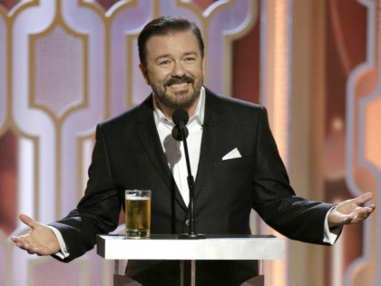 BEVERLY HILLS, CA - JANUARY 10: In this handout photo provided by NBCUniversal, Host Ricky Gervais speaks onstage during the 73rd Annual Golden Globe Awards at The Beverly Hilton Hotel on January 10, 2016 in Beverly Hills, California. (Photo by Paul Drinkwater/NBCUniversal via Getty Images)