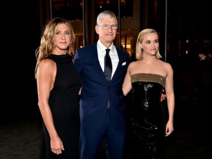 NEW YORK, NEW YORK - OCTOBER 28: Jennifer Aniston, Apple CEO Tim Cook and Reese Witherspoon attend the Apple TV+'s "The Morning Show" World Premiere at David Geffen Hall on October 28, 2019 in New York City. (Photo by Theo Wargo/Getty Images)