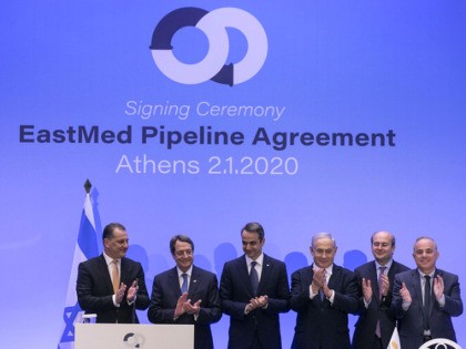 From left, Cypriot Energy Minister Georgios Lakkotrypis, Cypriot President Nicos Anastasiadis, Greece's Prime Minister Kyriakos Mitsotakis, Israeli Prime Minister Benjamin Netanyahu, Greek Energy Minister Kostis Hatzidakis, and Israel's Minister of Energy and Water Yuval Steinitz applaud following a signing ceremony, in Athens, Thursday, Jan. 2, 2020. The leaders of Greece, …