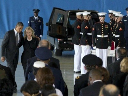 President Barack Obama and Secretary of State Hillary Rodham Clinton walk back to their seats during the Transfer of Remains Ceremony at Andrews Air Force Base, Md., marking the return to the United States of the remains of the four Americans in Benghazi, Libya. Newly revealed testimony from top military …