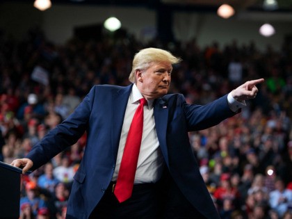 US President Donald Trump gestures as he speaks during a "Keep America Great" campaign rally at Drake University in Des Moines, Iowa, January 30, 2020. (Photo by SAUL LOEB / AFP) (Photo by SAUL LOEB/AFP via Getty Images)
