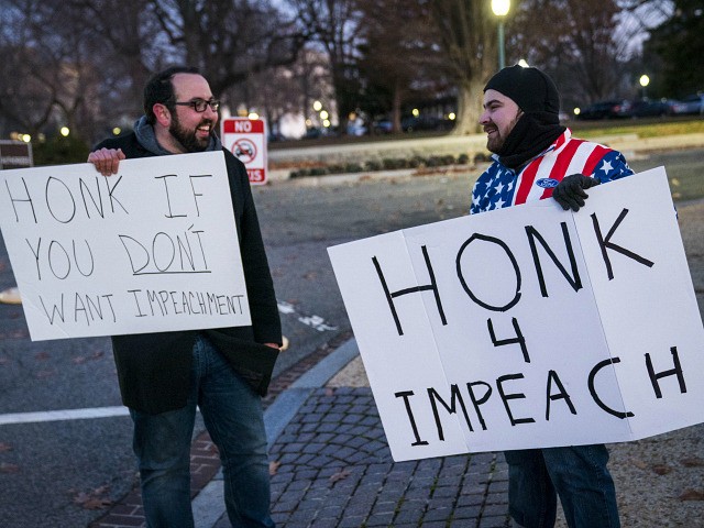 WASHINGTON, DC - DECEMBER 18: Michael Wille, left, and Ethan Cusey hold opposing impeachme