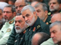 In this Wednesday, Oct. 2, 2019 photo, released by an official website of the office of the Iranian supreme leader, the head of the Revolutionary Guard's foreign wing, or Quds Force, Gen. Qassim Soleimani, center, attends a meeting of a group of the Guard members with Supreme Leader Ayatollah Ali …