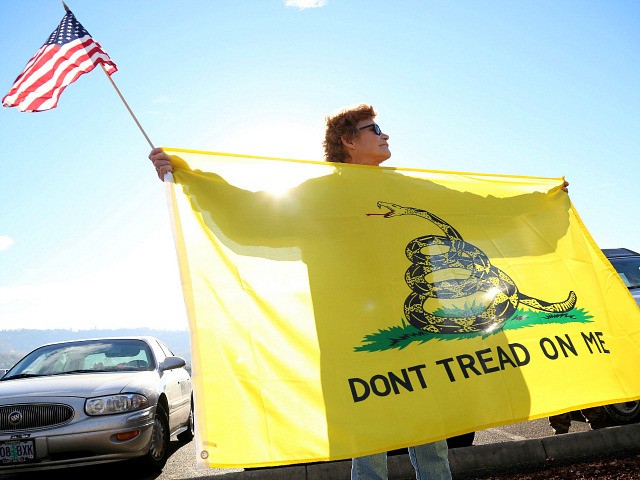 Leslie Corp holds up an American flag and the Gadsden flag while waiting outside of Roseburg Municipal Airport for President Barack Obama's arrival in Roseburg, Ore., Friday, Oct. 9, 2015. Gun-rights activists say they plan to protest when Obama visits here Friday to meet with families of victims of last …