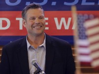 Former Kansas Secretary of State Kris Kobach addresses the crowd as he announces his candidacy for the Republican nomination for the U.S. Senate, Monday, July 8, 2019, in Leavenworth, Kan. (AP Photo/Charlie Riedel)