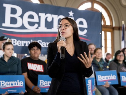 Rep. Alexandria Ocasio-Cortez, D-N.Y., speaks at a campaign stop for Democratic presidential candidate Sen. Bernie Sanders, I-Vt., at La Poste, Sunday, Jan. 26, 2020, in Perry, Iowa. (AP Photo/Andrew Harnik)