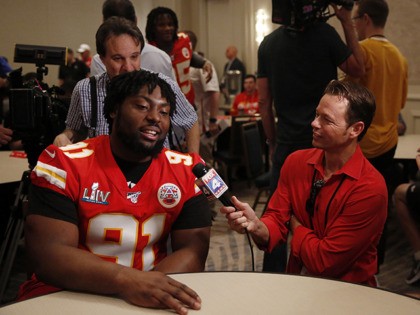 Kansas City Chiefs nose tackle Derrick Nnadi (91) speaks during a media availability, Wednesday, Jan. 29, 2020, in Aventura, Fla., for the NFL Super Bowl 54 football game. (AP Photo/Brynn Anderson)