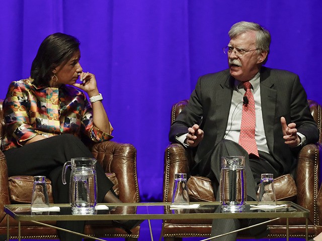 Former national security advisers Susan Rice, left, and John Bolton take part in a discuss