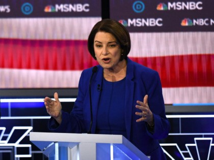 Democratic presidential hopeful Minnesota Senator Amy Klobuchar speaks during the ninth Democratic primary debate of the 2020 presidential campaign season co-hosted by NBC News, MSNBC, Noticias Telemundo and The Nevada Independent at the Paris Theater in Las Vegas, Nevada, on February 19, 2020. (Photo by Mark RALSTON / AFP) (Photo …
