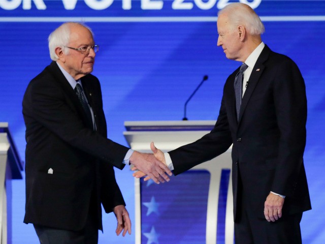 Democratic presidential candidates Sen. Bernie Sanders, I-Vt., left, and former Vice Presi