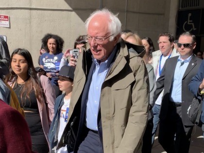 Bernie Sanders walking to vote (Joel Pollak / Breitbart News)