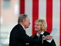Democratic presidential candidate and former New York City Mayor Mike Bloomberg greets former North Carolina Gov. Beverly Purdue as he arrives to speak at a campaign event in Raleigh, N.C., Thursday, Feb. 13, 2020. (AP Photo/Gerald Herbert)