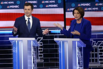 LAS VEGAS, NEVADA - FEBRUARY 19: Democratic presidential candidate former South Bend, Indiana Mayor Pete Buttigieg (L) and Sen. Amy Klobuchar (D-MN) participate in the Democratic presidential primary debate at Paris Las Vegas on February 19, 2020 in Las Vegas, Nevada. Six candidates qualified for the third Democratic presidential primary …