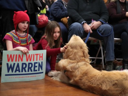 A girl pets a dog at a rally for Democratic presidential candidate Sen. Elizabeth Warren (