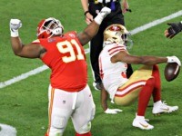 MIAMI, FLORIDA - FEBRUARY 02: Derrick Nnadi #91 of the Kansas City Chiefs reacts after a tackle against the San Francisco 49ers during the second quarter in Super Bowl LIV at Hard Rock Stadium on February 02, 2020 in Miami, Florida. (Photo by Elsa/Getty Images)