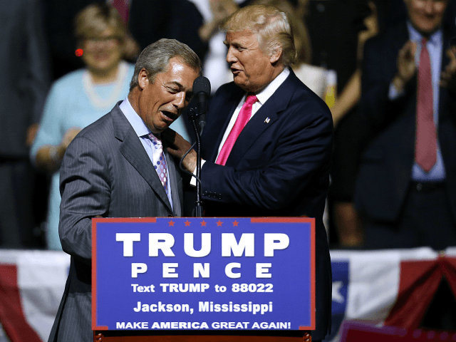 JACKSON, MS - AUGUST 24: Republican Presidential nominee Donald Trump, right, greets United Kingdom Independence Party leader Nigel Farage during a campaign rally at the Mississippi Coliseum on August 24, 2016 in Jackson, Mississippi. Thousands attended to listen to Trump's address in the traditionally conservative state of Mississippi. (Photo by …