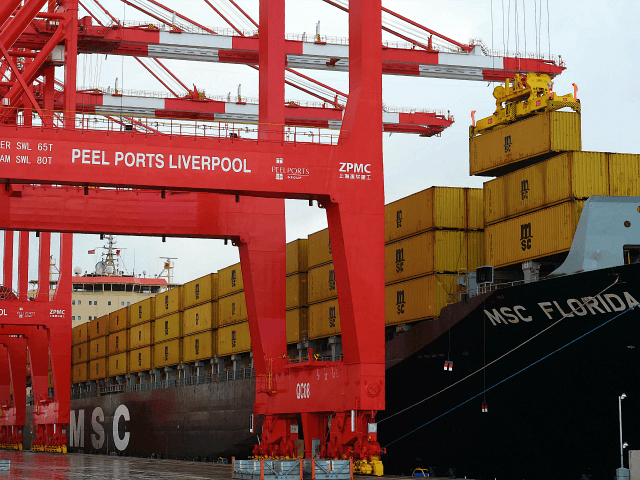 Containers are unloaded from a ship moored up in the new Peel Ports container terminal in