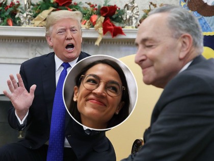 (INSET: Alexandria Ocasio-Cortez) WASHINGTON, DC - DECEMBER 11: U.S. President Donald Trump argues about border security with Senate Minority Leader Chuck Schumer (D-NY) in the Oval Office on December 11, 2018 in Washington, DC. (Photo by Mark Wilson/Getty Images)