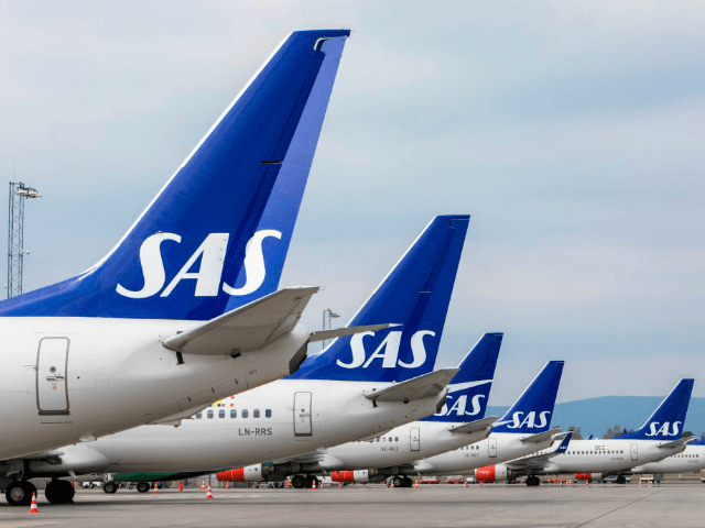 Airplanes of the Scandinavian Airlines' SAS company park on ground at the Gardamoen Airport during a strike of pilots to contest wages and working hours on April 26, 2019 in Oslo, Norway. - Pilots at SAS walked off the job in Sweden, Denmark and Norway, stranding 70,000 travellers as more …