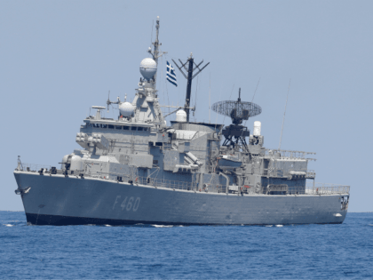 A photo taken on August 7, 2019, shows the Greek HS Aigaion frigate during an exercise how simulate a humanitarian response to a powerful earthquake and significant movement of IDF vessels and foreign vessels in the Mediterranean sea. - Sailors from France, Greece and the United States arrived on their …