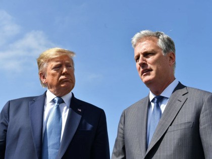 US President Donald Trump(L)speaks next to new national security advisor Robert O'Brien on September 18, 2019 at Los Angeles International Airport in Los Angeles, California. - Last week, Trump abruptly fired John Bolton, a vigorous proponent of using US military force abroad and one of the main hawks in the …