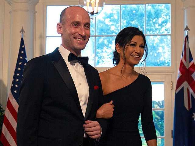 White House Senior Advisor Stephen Miller (L) and Katie Waldman arrive in the Booksellers area of the White House to attend an Official Visit with a State Dinner honoring Australian Prime Minister Scott Morrison, in Washington, DC, on September 20, 2019. (Photo by Alastair Pike / AFP) (Photo credit should …