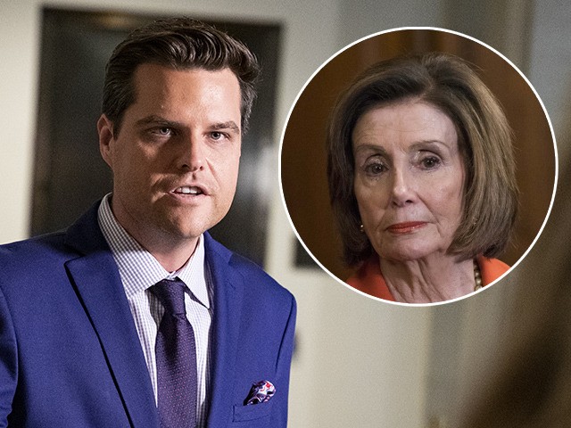 (INSET: Nancy Pelosi) WASHINGTON, DC - OCTOBER 30: U.S. Rep. Matt Gaetz (R-FL) speaks to the media outside of the Sensitive Compartmented Information Facility (SCIF) during the continued House impeachment inquiry against President Donald Trump at the U.S. Capitol on October 30, 2019 in Washington, DC. State Department special adviser …