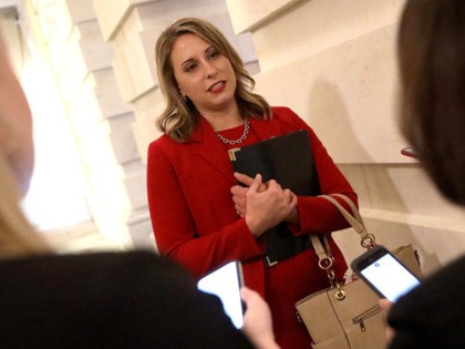 WASHINGTON, DC - OCTOBER 31: Rep. Katie Hill (D-CA) answers questions from reporters at the U.S. Capitol following her final speech on the floor of the House of Representatives October 31, 2019 in Washington, DC. Hill announced she is resigning from Congress in the midst of an ethics probe regarding …