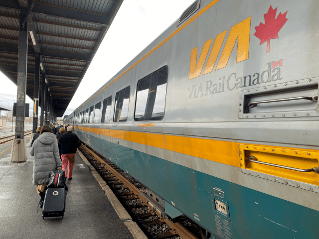 Travelers walk on the platform before boarding a VIA train in Ottawa, Ontario, Canada on December 10, 2019. (Photo by Daniel SLIM / AFP) (Photo by DANIEL SLIM/AFP via Getty Images)