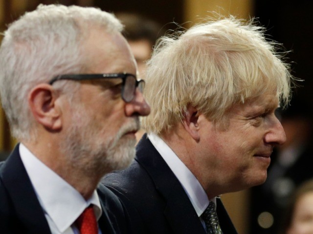 Britain's Prime Minister Boris Johnson (R) and Britain's Labour Party leader Jeremy Corbyn (L) process through the Central Lobby during the State Opening of Parliament at the Houses of Parliament in London on December 19, 2019. - The State Opening of Parliament is where Queen Elizabeth II performs her ceremonial …