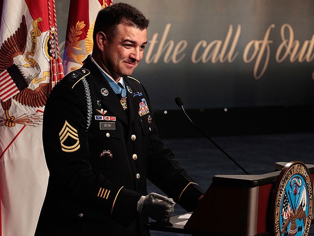 ARLINGTON, VA - JULY 13: Medal of Honor recipient U.S. Army Sergeant First Class Leroy Petry delivers remarks during his Hall of Heroes induction ceremony at the Pentagon July 13, 2011 in Arlington, Virginia. Currently assigned to the 75th Ranger Regiment, Petry received the Medal of Honor for actions during …