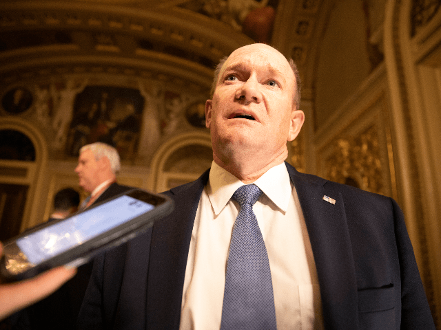 Senator Chris Coons (D-DE) answers questions from reporters after leaving the Senate floor when the Senate impeachment trial of President Donald Trump was adjourned for the day on January 24, 2020 in Washington, DC. Democratic House managers concluded their opening arguments on Friday as the Senate impeachment trial of President …