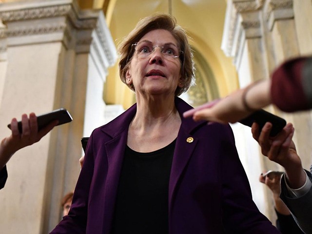 Senator Elizabeth Warren (D-MA) speaks to the media during a recess in the impeachment tri