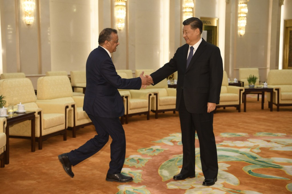 Tedros Adhanom Ghebreyesus, Director General of the World Health Organization, (L) shakes hands with Chinese President Xi Jinping before a meeting at the Great Hall of the People, on January 28, 2020 in Beijing, China. (Naohiko Hatta - Pool/Getty Images)