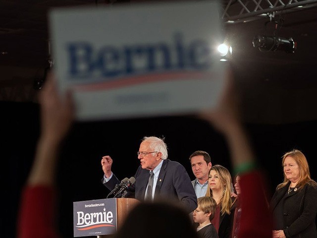 Democratic presidential candidate Vermont Senator Bernie Sanders speaks to supporters as t