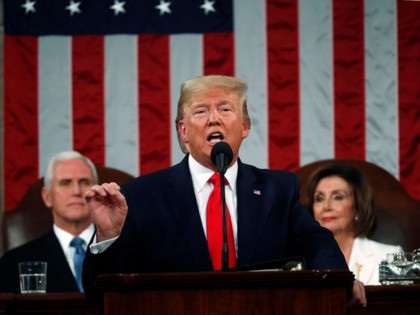 WASHINGTON, DC - FEBRUARY 04: President Donald Trump delivers the State of the Union address in the House chamber on February 4, 2020 in Washington, DC. Trump is delivering his third State of the Union address on the night before the U.S. Senate is set to vote in his impeachment …