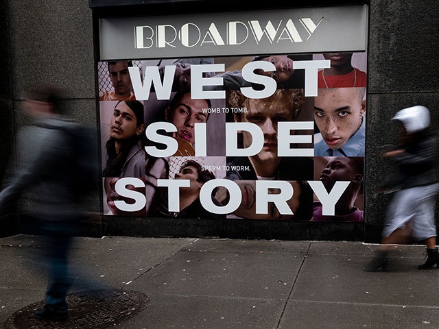 A poster outisde the Broadway Theater advertises West Side Story on February 7, 2020 in Ne