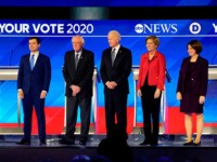 (From L) Democratic presidential hopefuls entrepreneur Andrew Yang, former Mayor of South Bend, Indiana, Pete Buttigieg, Vermont Senator Bernie Sanders, former Vice President Joe Biden, Massachusetts Senator Elizabeth Warren, Minnesota Senator Amy Klobuchar and Billionaire activist Tom Steyer arrive onstage for the eighth Democratic primary debate of the 2020 presidential …