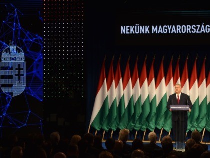 Hungarian Prime Minister and Chairman of the governing FIDESZ party Viktor Orban delivers