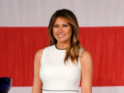 First Lady Melania Trump addresses the audience after receiving the "Women of Distinction" award from Palm Beach Atlantic University President Bill Fleming at the Women of Distinction Luncheon in Palm Beach, Florida, February 19, 2020. - The Women of Distinction Luncheon is to honor women who cherish community and family …