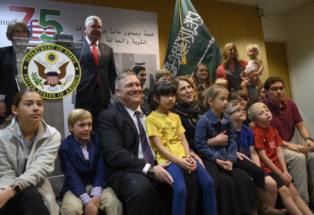 US Secretary of State Mike Pompeo (C) and his wife Susan (C-R) meet with family members at the US embassy in Riyadh on February 20, 2020. (Photo by ANDREW CABALLERO-REYNOLDS / POOL / AFP) (Photo by ANDREW CABALLERO-REYNOLDS/POOL/AFP via Getty Images)
