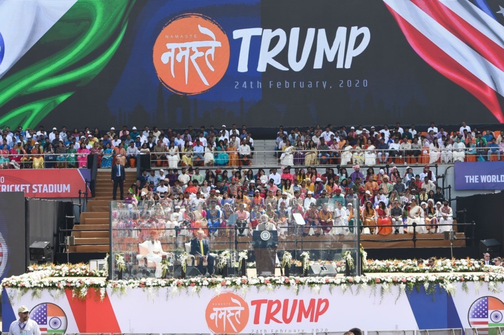 US President Donald Trump (2L) and First Lady Melania Trump (L) listen as India's Prime Minister Narendra Modi speaks during 'Namaste Trump' rally at Sardar Patel Stadium in Motera, on the outskirts of Ahmedabad, on February 24, 2020. (Photo by Money SHARMA / AFP) (Photo by MONEY SHARMA/AFP via Getty Images)