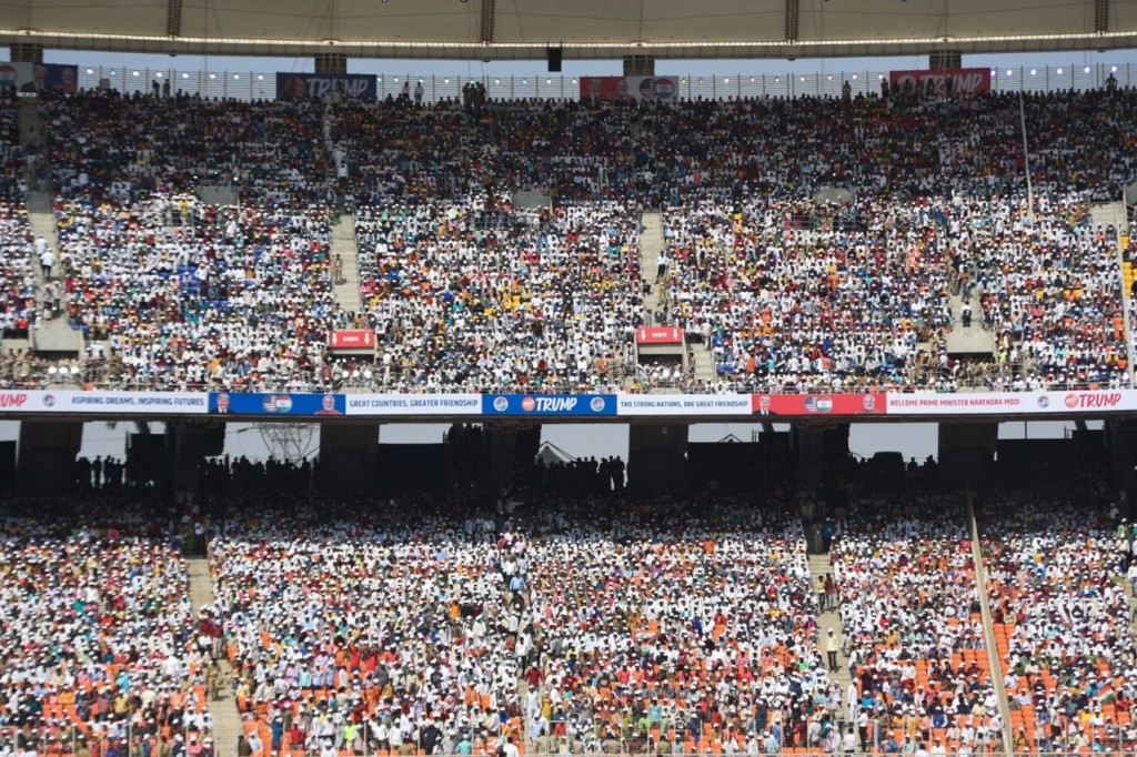 People attend 'Namaste Trump' rally at Sardar Patel Stadium in Motera, on the outskirts of Ahmedabad, on February 24, 2020. (Photo by Money SHARMA / AFP) (Photo by MONEY SHARMA/AFP via Getty Images)