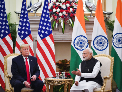 India's Prime Minister Narendra Modi (R) speaks during a meeting with US President Donald