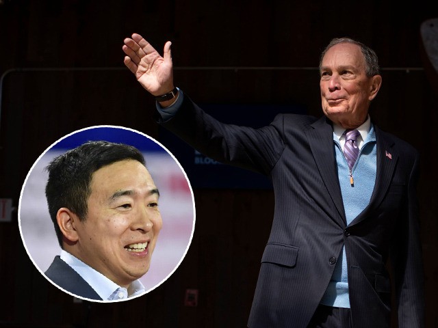 (INSET: Andrew Yang) Democratic presidential candidate Mike Bloomberg waves to a crowd dur