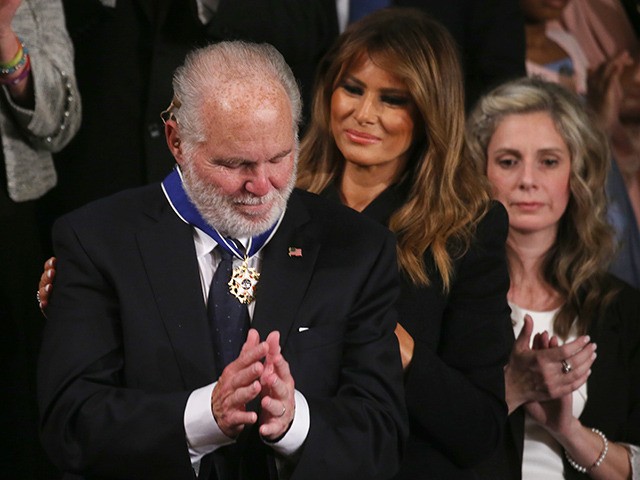 WASHINGTON, DC - FEBRUARY 04: Radio personality Rush Limbaugh reacts after First Lady Melania Trump gives him the Presidential Medal of Freedom during the State of the Union address in the chamber of the U.S. House of Representatives on February 04, 2020 in Washington, DC. President Trump delivers his third …