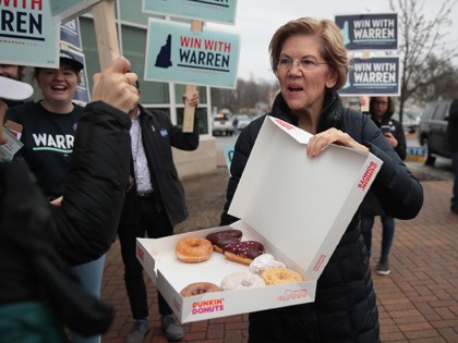 PORTSMOUTH, NEW HAMPSHIRE - FEBRUARY 11: Democratic presidential candidate Sen. Elizabeth Warren (D-MA) visits with voters and supporters and share doughnuts outside of a polling place at Portsmouth Middle School on February 11, 2020 in Portsmouth, New Hampshire. Voters are at the polls today for the first-in-the-nation New Hampshire primary. …