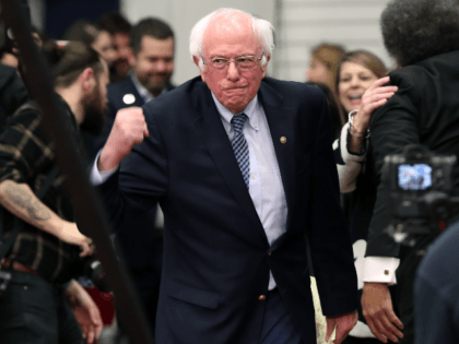 Democratic presidential candidate Sen. Bernie Sanders (I-VT) takes the stage during a prim